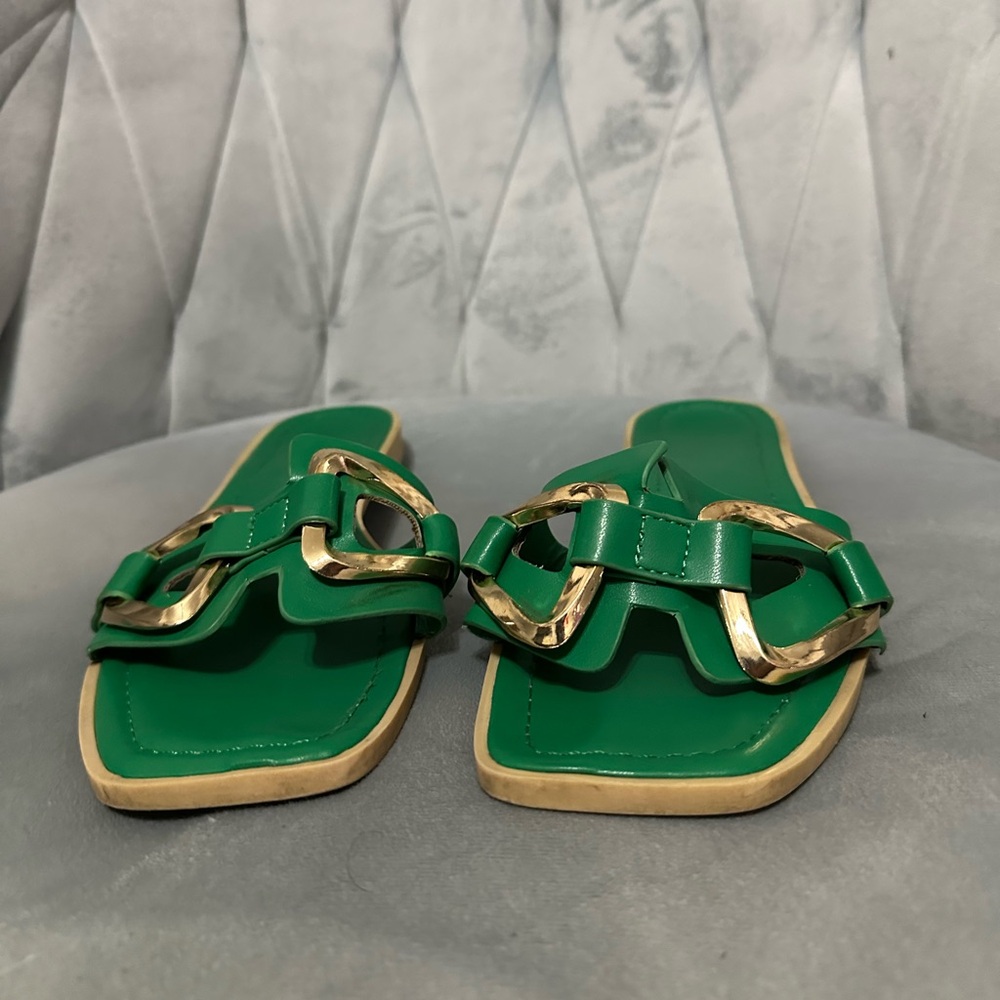 Elegant Green Slide Sandals with Gold Accents